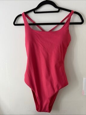 Women’s Ribbed Bright Pink One-Piece Bodysuit with Cross Straps